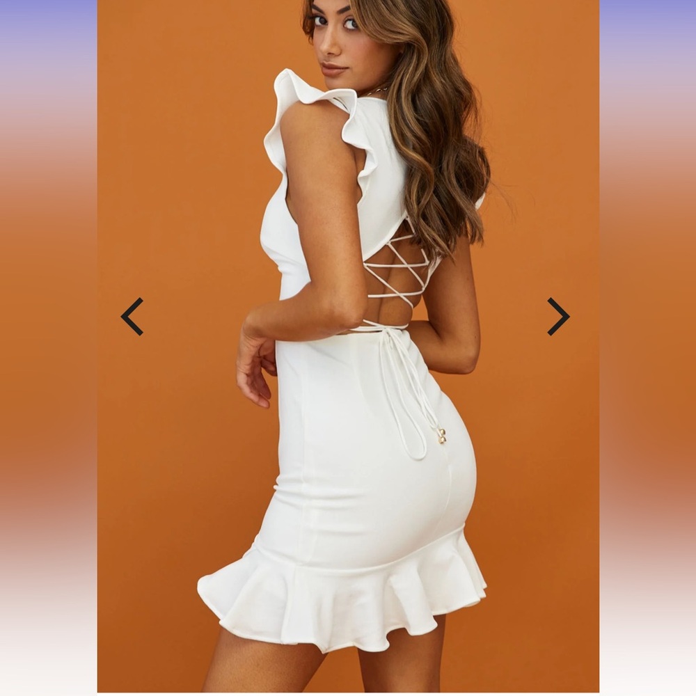 Take Note Frill Dress White Ruffle Open Back Dress - Picture 3 of 7